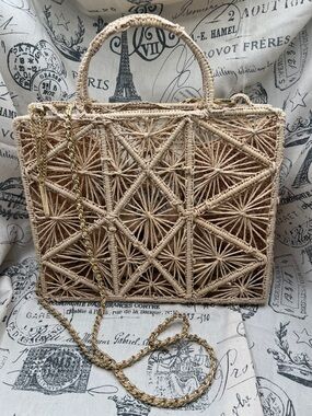 House of Harlow 1960 Natural Woven Straw Tote with Gold Chain